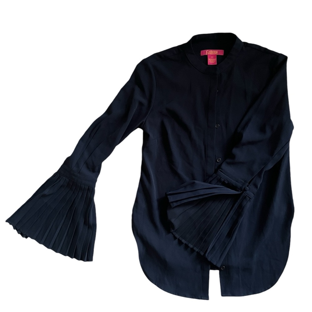 COPY - Navy button down with flare bell sleeves pleated